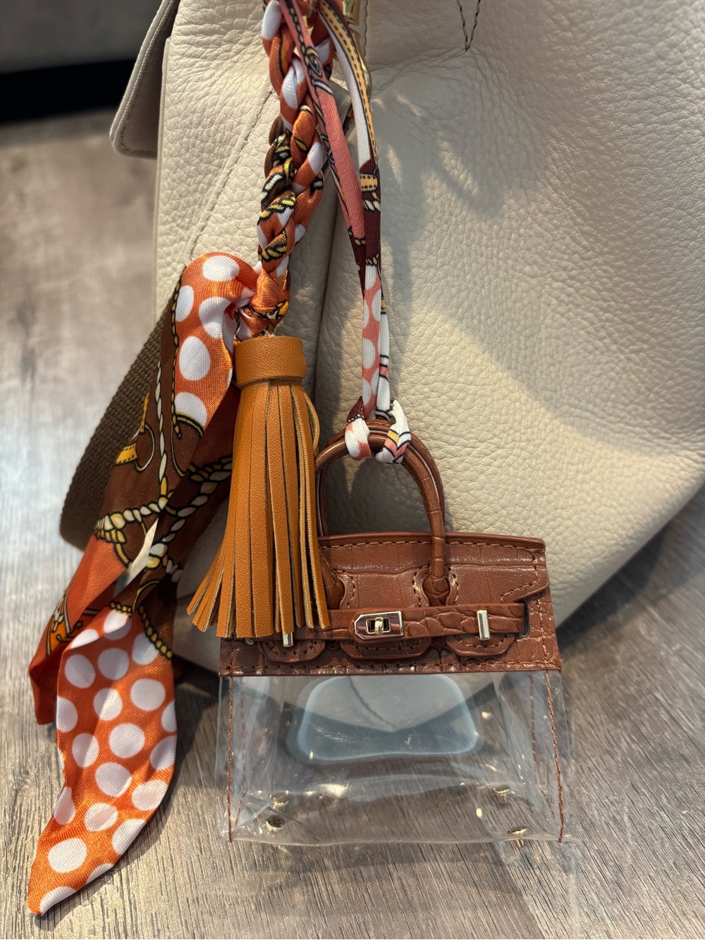 Mini Handbag Tassel Keychain Bag Charm | Twilly Scarf | Brown